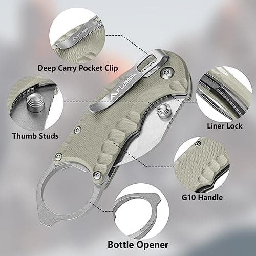 FLISSA Desert Tan 4" Utility Knife, 8Cr13MoV Blade, Liner Lock, EDCPocket KnifeClip&Bottle Opener