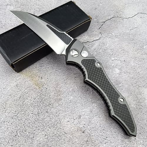 8.9'' Button Lock Folding Pocket Knife, D2 Blade Steel, Carbon Fiber Handle, Gray, EDC for Camping and Hunting