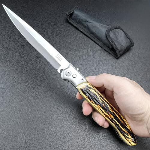 EDC 12" Pocket Knife with Slide Lock, Stainless Steel Blade, Wood Handle, Camping and Hunting