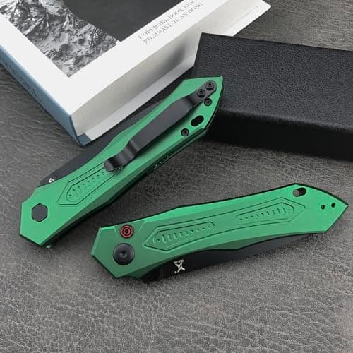 EDC Folding Knife for Men, Button Lock, 3.35in 9Cr18MoV Steel, Green Aluminum Handle, Sharp Camping Knife (Green)