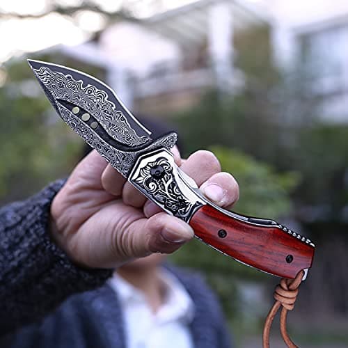 Japanese handmade Damascus steel folding knife with rosewood handle, 3.1in tanto blade, leather sheath, EDC for men, cam