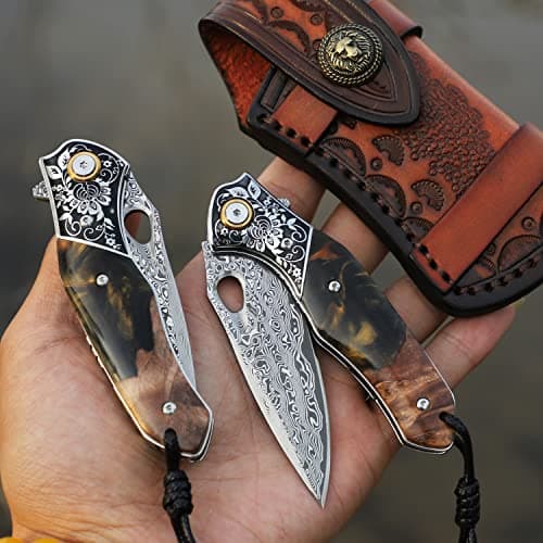 Handmade Japan Damascus Steel Pocket Knife, 3.1" VG10 Blade, Resin Maple Handle
