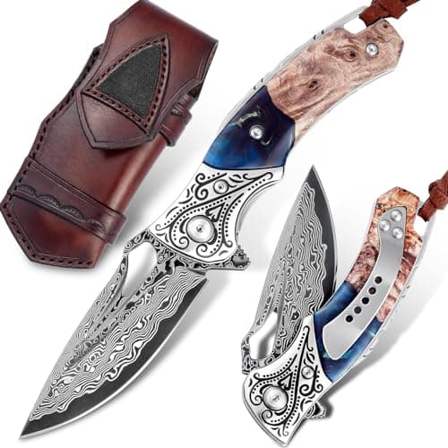 VNLA Damascus Folding Pocket Knife: Resin Maple Leaf Handle, Leather Case, Hiking EDC