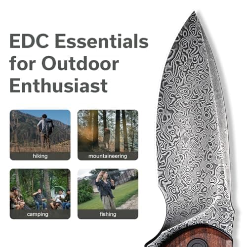 CIVIVI Damascus Blade Foldable Knife, 2.98" Guibourtia Wood, Ideal for Camping and Hiking C18026C-DS1