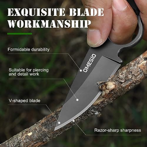 Omesio Tactical Hunting Camping Knife, Kydex Sheath, G10 Handle, Black, Gift Box