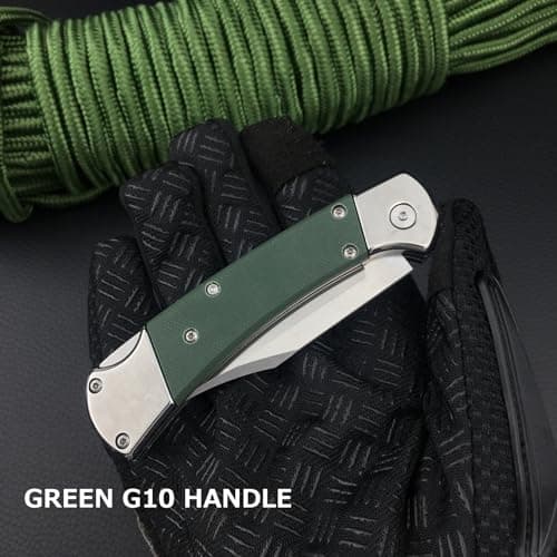 HUAAO 7.3 Inch Lock Back Knife with G10 Handle & Leather Sheath (Green)