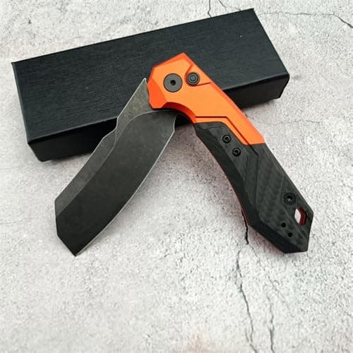 3.27 D2 Cleaver Blade Pocket Knife with SpeedSafe, Aluminum and Carbon Fiber Handle, Tip-up Clip, EDC for Camping and Hunting, Orange