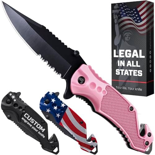 Legal Pocket Knife with Serrated Blade - EDC Folding Knife - Glass Breaker, Seat Belt Cutter - Gifts for Men — 3. Pink