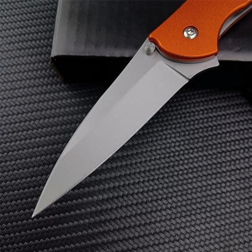 HUAAO 7in Flipper Pocket Knife, Stainless Steel Handle, Orange Clip Carry Knife
