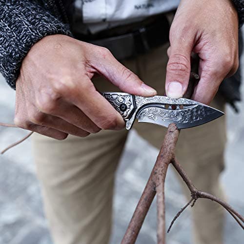 Japanese handmade Damascus steel folding knife with rosewood handle, 3.1in tanto blade, leather sheath, EDC for men, cam