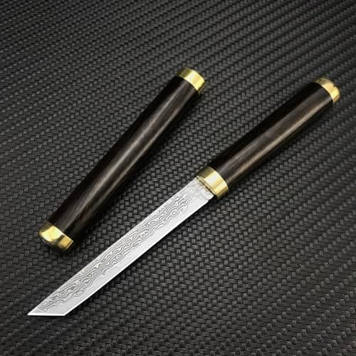 Damascus Tanto Knife, 6.3 Inch Fixed Blade, Mini Katana, Ebony Handle