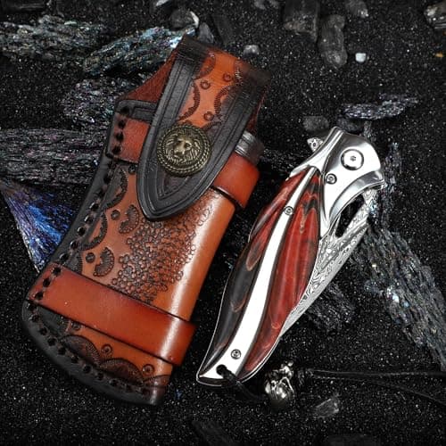 High-Quality Japanese VG10 Damascus Steel Folding Knife with Leather Case and Liner Lock