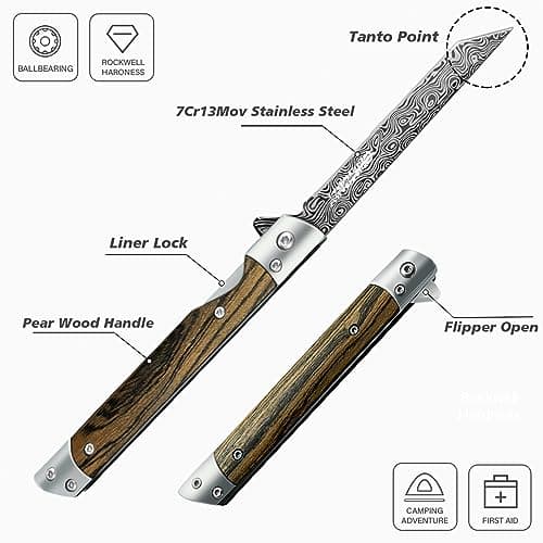 3.5 Inch Tanto Pocket Knife, Stainless Steel, Wooden Handle