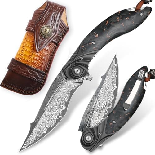 Japanese Damascus Steel Pocket Knife，Carbon Fiber Handle，EDCOutdoor Survival Gift