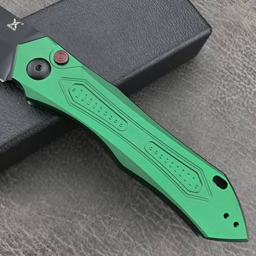 EDC Folding Knife for Men, Button Lock, 3.35in 9Cr18MoV Steel, Green Aluminum Handle, Sharp Camping Knife (Green)