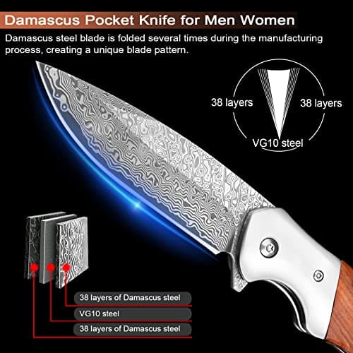 KOMWERO Damascus Steel Pocket Knife, VG10 Blade, 3.34" Length, Hunting Knife