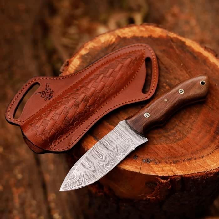 Predator Hunter 9" Damascus Steel Fixed Blade Skinning Knife (Exotic Wood Handle) — Brown