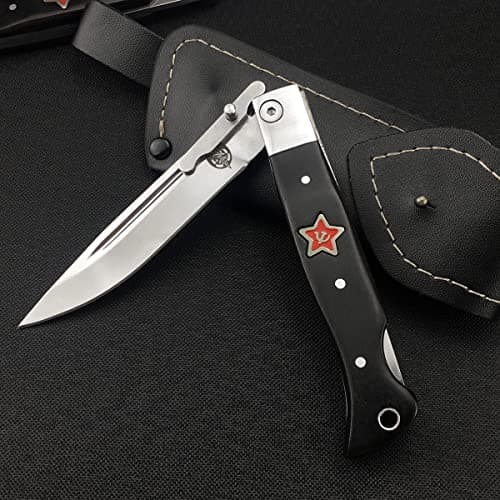 8.7inch Tactical Lockback Knife, Wood Handle, 440C Steel, Leather Sheath