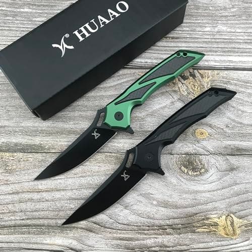 HUAAO Black 3.7” D2 Blade Pocket Knife for Men Outdoor Survival Camping