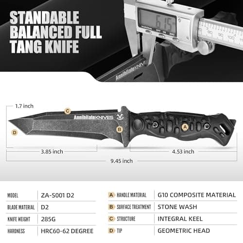 ZUNEOOTactical Survival Knife Kydex Sheath D2 Steel Full Tang Black