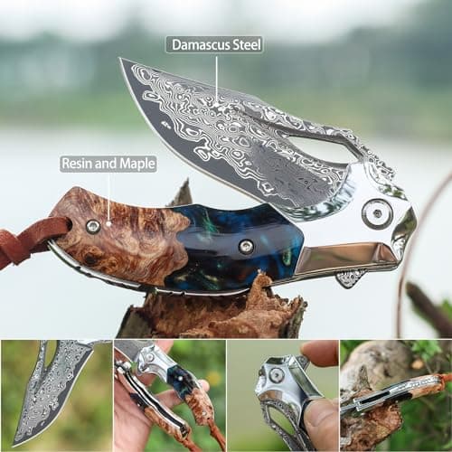 Retro Damascus Steel Folding Knife with Leather Sheath for Mens Gift
