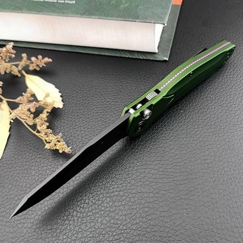 Assisted Opening Knife, D2 Blade, Push Button, Green Aluminum Handle (Deep Carry Pocket Clip)