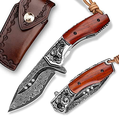 Japanese handmade Damascus steel folding knife with rosewood handle, 3.1in tanto blade, leather sheath, EDC for men, cam
