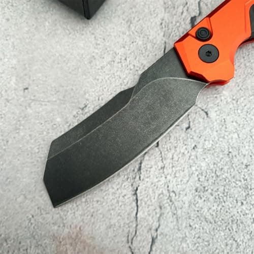 3.27 D2 Cleaver Blade Pocket Knife with SpeedSafe, Aluminum and Carbon Fiber Handle, Tip-up Clip, EDC for Camping and Hunting, Orange