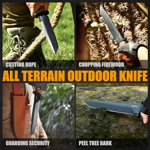 DC53 Steel Black Titanium PVD Coating 8.0" Fixed Blade Hunting Knife with Leather Sheath, Ergonomic Handle