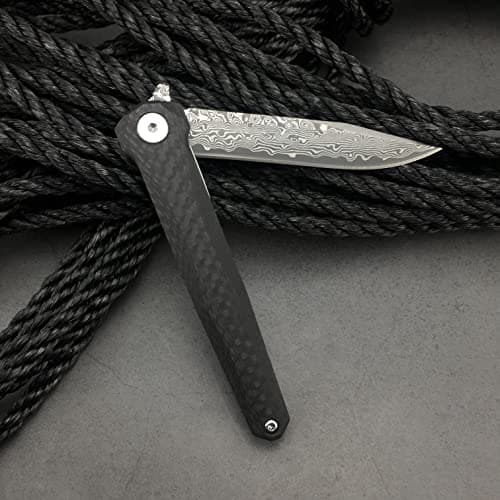 HUAAO Damascus Pocket Knife, 2.9”, Carbon Fiber Handle, Liner Lock, Black