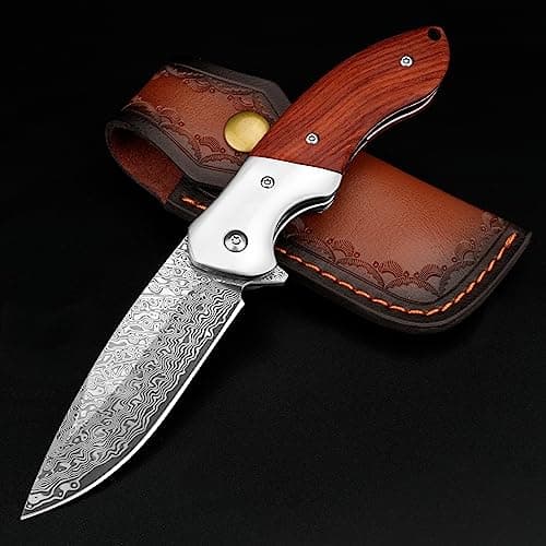 KOMWERO Damascus Steel Pocket Knife, VG10 Blade, 3.34" Length, Hunting Knife