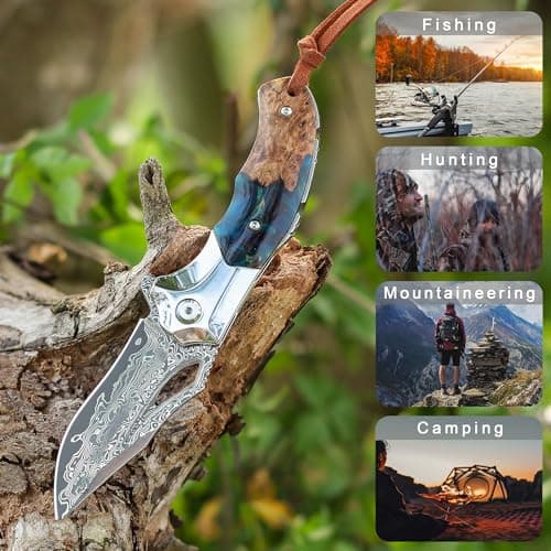 Retro Damascus Steel Folding Knife with Leather Sheath for Mens Gift