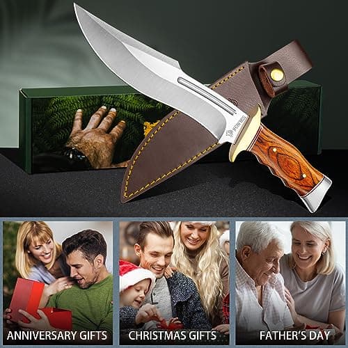 NedFoss SA78 Hunting Knife, 7" Fixed Blade, 440C StainlessSteel, Leather Sheath, Gifts for Men & Women