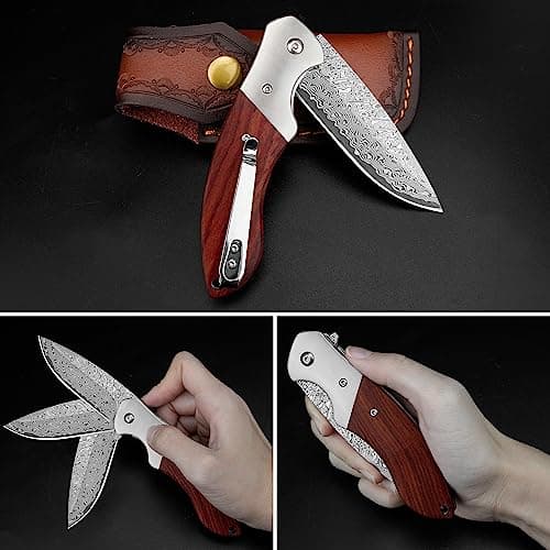 KOMWERO Damascus Steel Pocket Knife, VG10 Blade, 3.34" Length, Hunting Knife