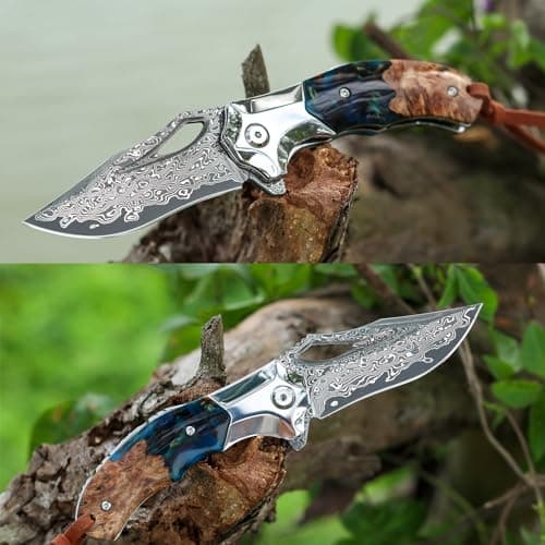 Retro Damascus Steel Folding Knife with Leather Sheath for Mens Gift