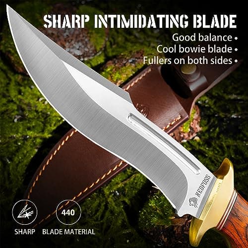 NedFoss SA78 Hunting Knife, 7" Fixed Blade, 440C StainlessSteel, Leather Sheath, Gifts for Men & Women