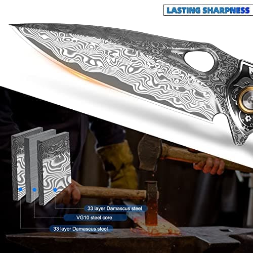 Handmade Japan Damascus Steel Pocket Knife, 3.1" VG10 Blade, Resin Maple Handle