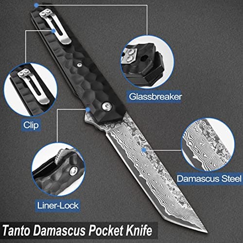 AUBEY Damascus Pocket Knife, Tanto VG10 Core Steel Folding Knife with Ball Bearing and Glass Breaker, EDC Damascus Knife for Men and Women