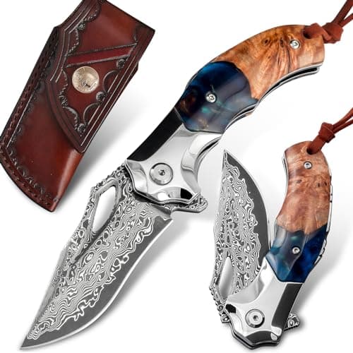Retro Damascus Steel Folding Knife with Leather Sheath for Mens Gift