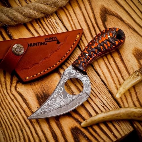 Predator Hunter 9" Damascus Steel Fixed Blade Skinning Knife (Exotic Wood Handle) — 7” Fixed Blade