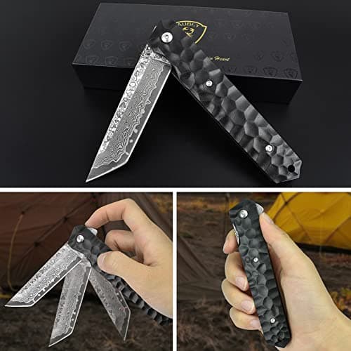 AUBEY Damascus Pocket Knife, Tanto VG10 Core Steel Folding Knife with Ball Bearing and Glass Breaker, EDC Damascus Knife for Men and Women