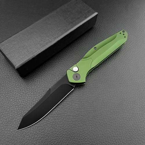 Assisted Opening Knife, D2 Blade, Push Button, Green Aluminum Handle (Deep Carry Pocket Clip)