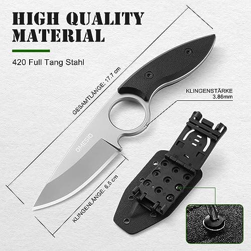 Omesio Tactical Survival Knife, Kydex Sheath, Full Tang, 2.68" Drop Point, G10 Handle, EDC Neck Knife, White