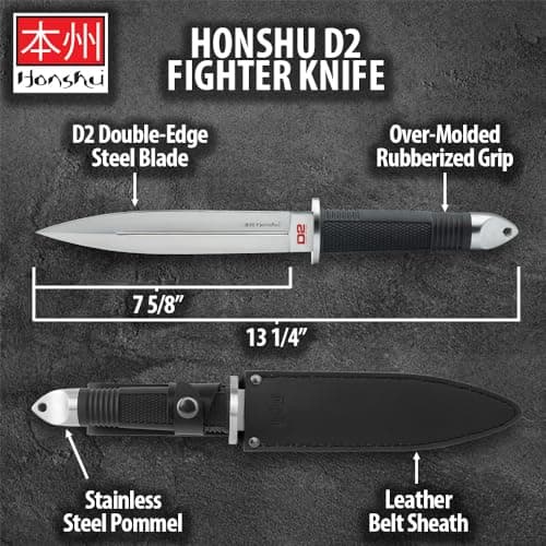Honshu D2 Fighter Knife | D2 Tool Steel Blade, Full Tang, Rubberized Grip | 7.5" Blade, 13.25" Overall