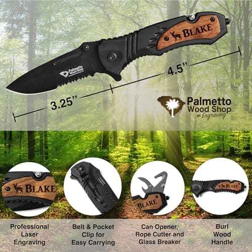 Palmetto Wood Shop Custom Laser Engraved Pocket Knife - Perfect Gift for Men