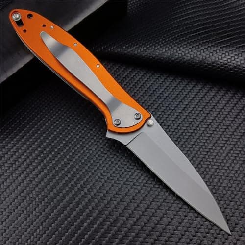 HUAAO 7in Flipper Pocket Knife, Stainless Steel Handle, Orange Clip Carry Knife