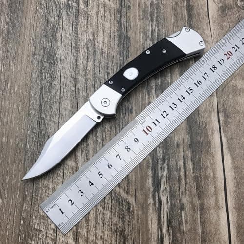 Push Button Folding Knife, 440C Steel, Backlock, G10 Handle, Leather Sheath, EDC for Men (Black)
