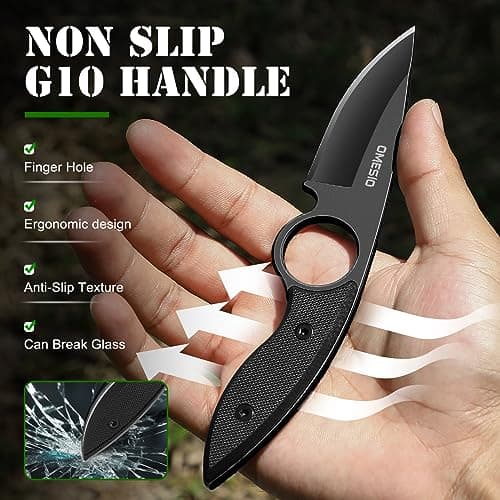 Omesio Tactical Hunting Camping Knife, Kydex Sheath, G10 Handle, Black, Gift Box
