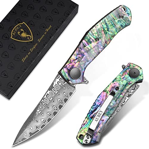 AUBEY Damascus Pocket Knife with Clip, Ball Bearing Blade, Wooden Handle (EDC) — C-Abalone Shell Handle