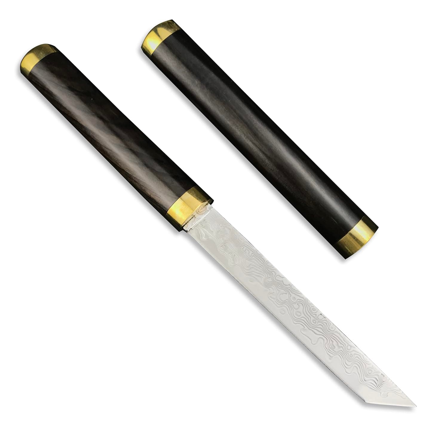 Damascus Tanto Knife, 6.3 Inch Fixed Blade, Mini Katana, Ebony Handle